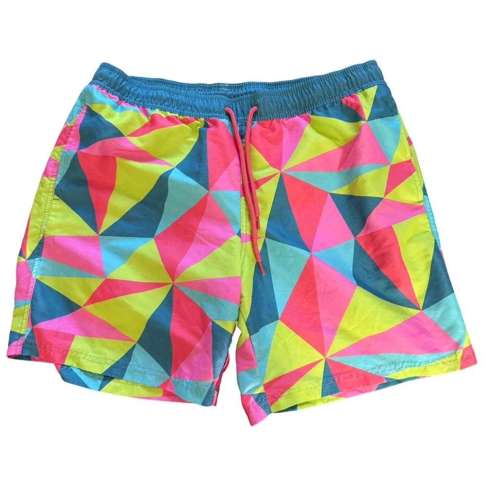 Mad Engine Mens Geometric Kaleidoscope Swim Trunks Multicolor Board Shorts Large